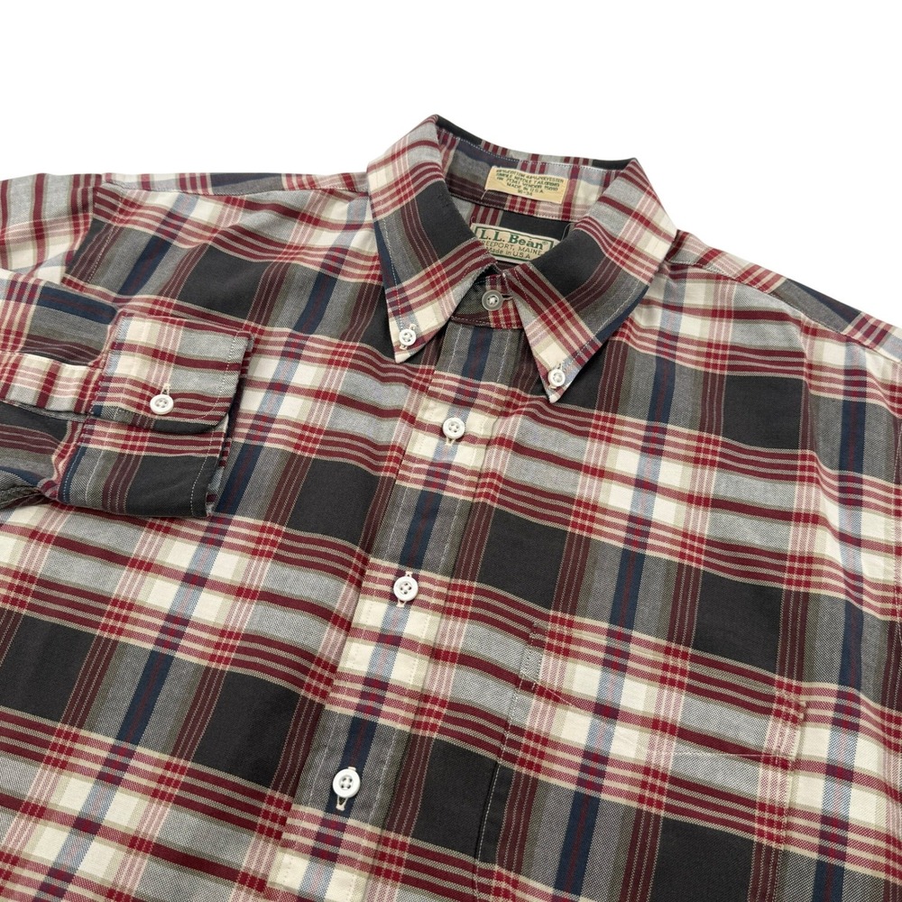Vtg LL Bean Single Needle Tailoring Button Down Shirt Red Brown Plaid Men 16-34